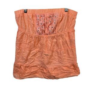 Dolled Up Coral Strapless Top  Rhinestone Lace Ruche Size L